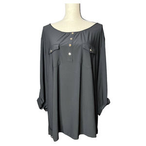 Perseption Blouse in Black Polyester w/Roll Tab Sleeves and Gold Buttons Size 3X